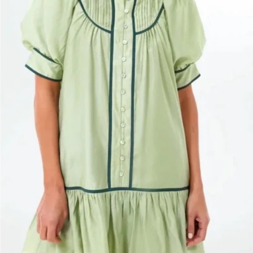 Green Puff Sleeve Dress with Black Trim